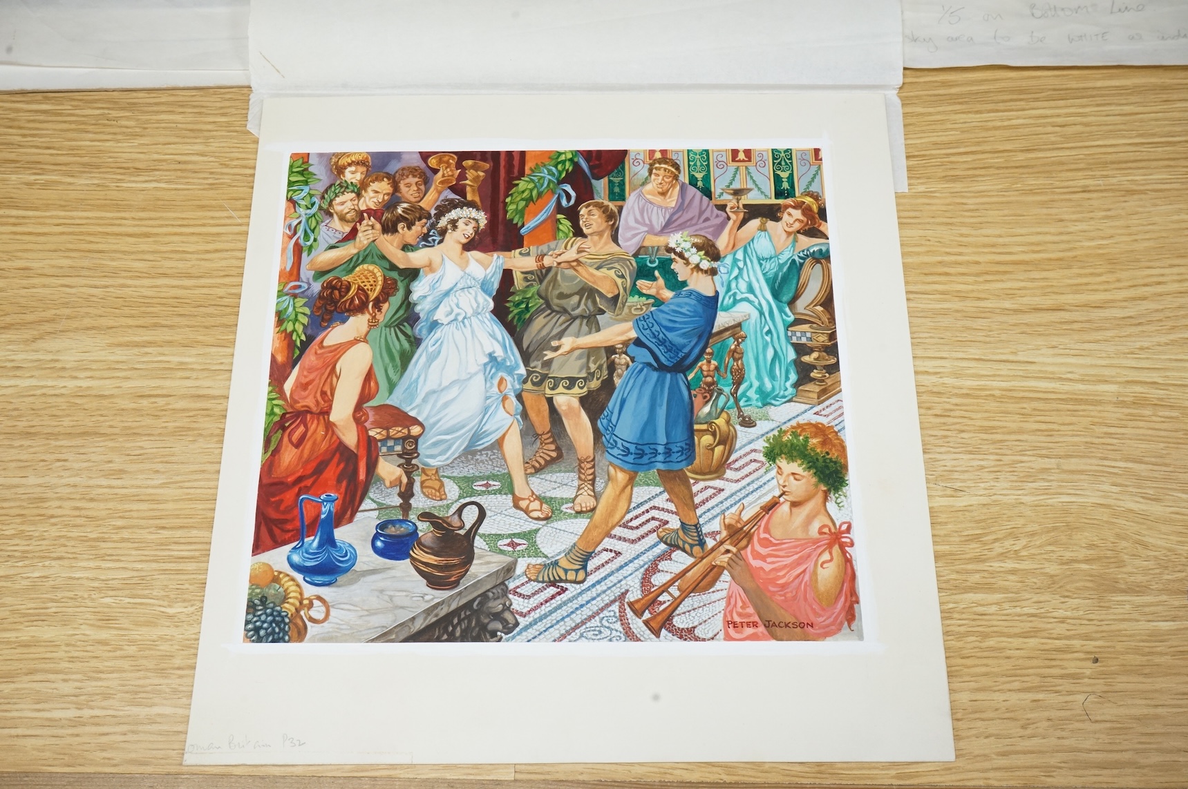 Peter Jackson (1922-2003), Illustrations from 'One day in Roman Britain' to include Portrait studies, Roman wall and Roman Baths, six watercolours, largest 34 x 71cm, unframed, together with two copies of the original bo